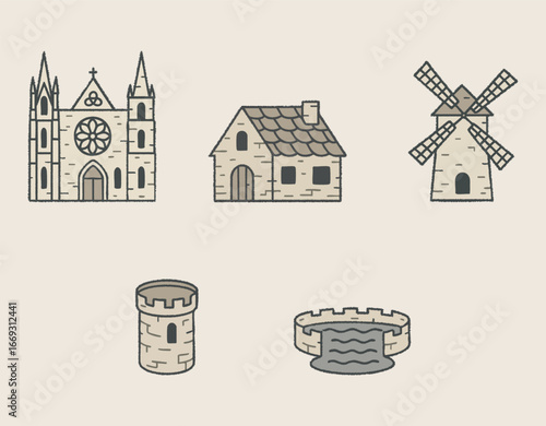 Historic buildings arrangement cathedral clock tower cottage windmill and round keeps