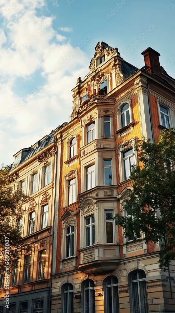 Fototapeta premium Old European buildings with ornate facades, warm sunlight