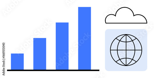 Increasing bar chart symbolizes data growth, global icon under cloud signifies worldwide connectivity. Ideal for analytics, business, cloud computing, technology, globalization, data sharing