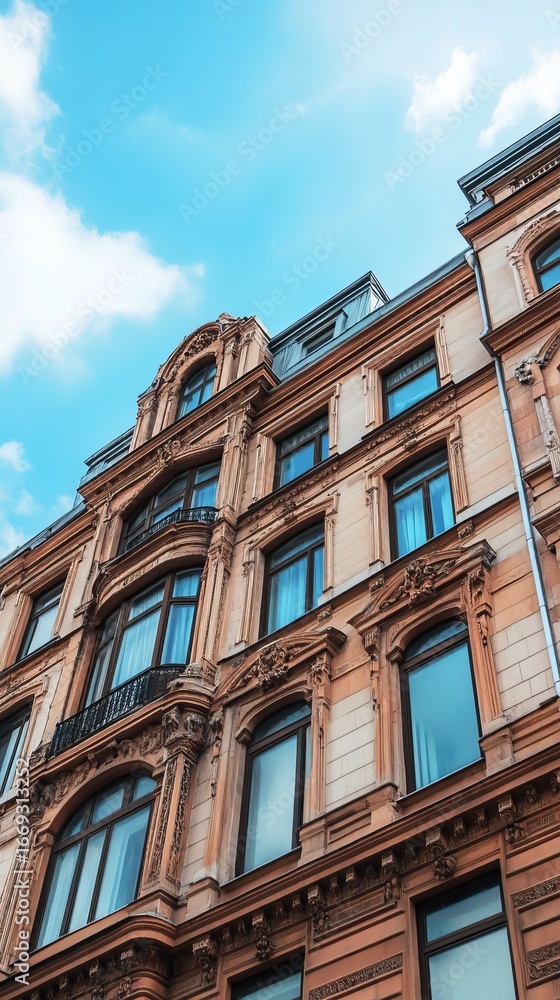 Fototapeta premium Ornate, light beige building facade, many arched windows, against a partly cloudy sky