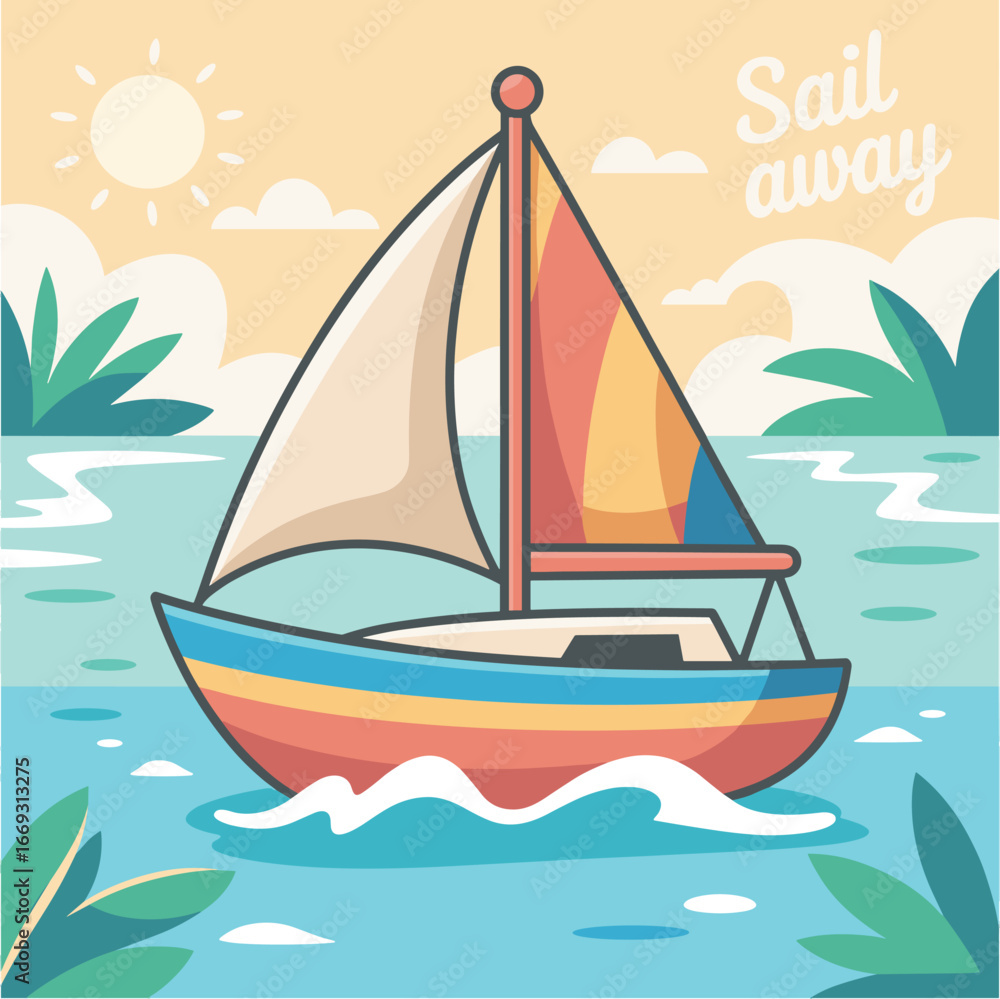 Fototapeta premium Flat Colorful Sailboat with Sea Illustration for Summer Vacation Travel