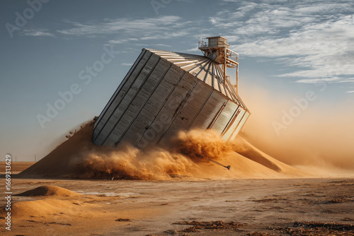 Grain silo collapse by powerful wind, revealing agricultural destruction on rural farm