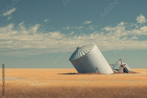Grain silo tipped over by strong wind, damaged in dry rural field, evoking sense of loss