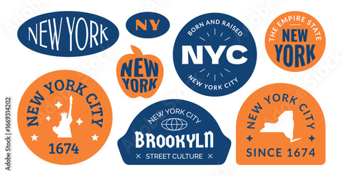New york city vintage sreetwear style stickers and badges collection. Urban style city typography graphic design.