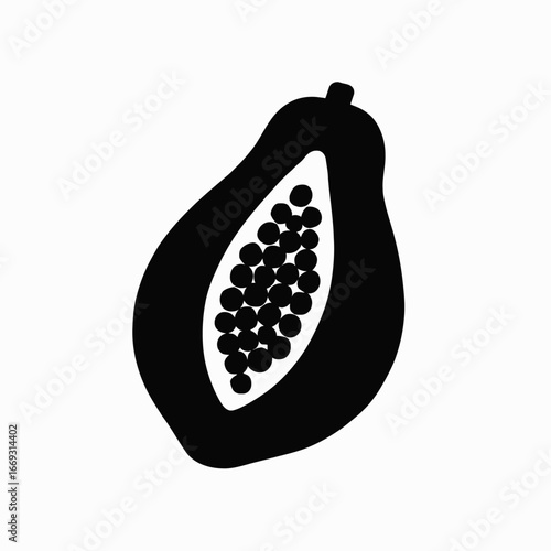Black Silhouette of a Papaya Fruit on White Background in Minimalist Style