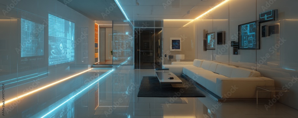 Fototapeta premium A modern living room design showcases sleek lines and interactive displays.