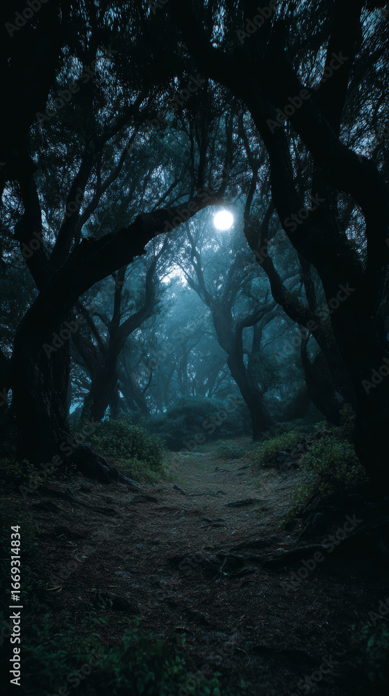 Fototapeta premium Dark forest at night with old gnarled trees and faint moonlight, mysterious and eerie mood