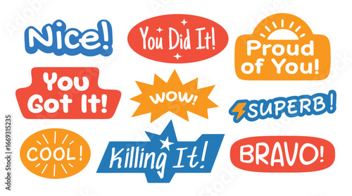 Appreciation word stickers, badges, patchs collection. Nice, super, cool, you got it, proud of you.