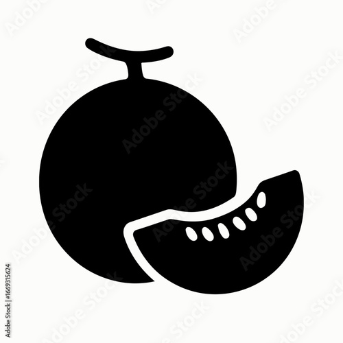 Black and White Silhouette of a Whole Watermelon and a Slice on White Background