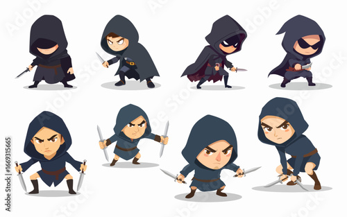 Stealthy ninja assassins in black hooded outfits holding sharp swords