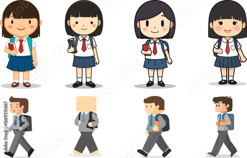 Cute school children in uniform standing and smiling with cheerful expressions