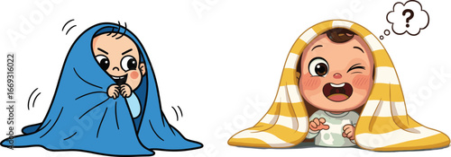 Cute cartoon baby playing with blanket, funny infant characters hiding under covers, adorable toddler illustration with happy and curious expressions