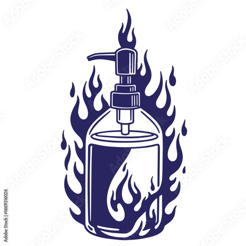 Stylized hand sanitizer bottle surrounded by flames illustrating the concept of sterilization