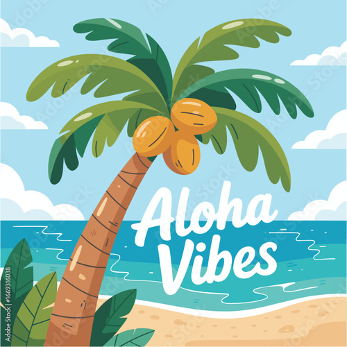 Tropical Flat Palm Tree with Aloha Vibes Typography Summer Illustration