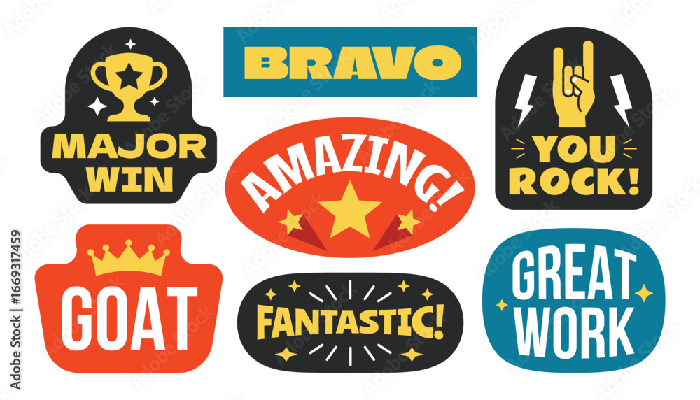 Naklejka premium Appreciation word stickers, badges, patchs collection. Amazing, bravo, great work, fantastic.