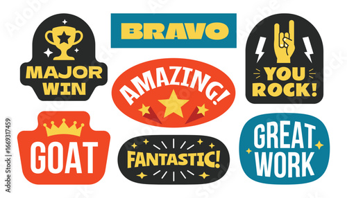 Appreciation word stickers, badges, patchs collection. Amazing, bravo, great work, fantastic.