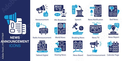 News Announcement icon set. Containing news, megaphone, loudspeaker, announcement, and more. Solid vector icons collection. Vector illustration.