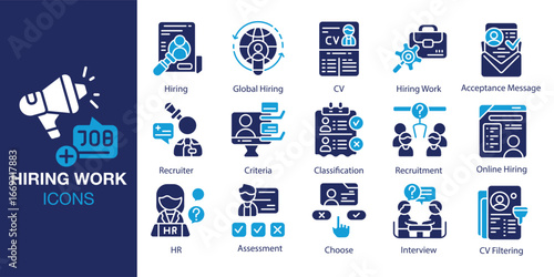 Hiring Work icon set. Containing work, job, employee, hiring, interview, and more. Solid vector icons collection. Vector illustration.