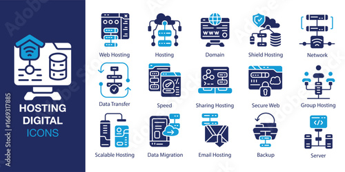 Hosting Digital icon set. Containing technology, internet, server, network, and more. Solid vector icons collection. Vector illustration.