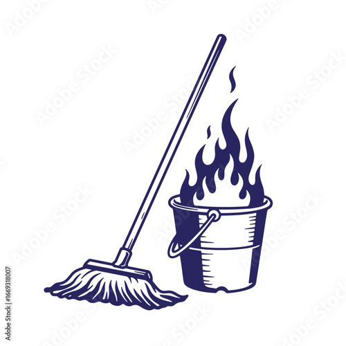 Vector illustration depicting a mop leaning against a burning bucket of flames
