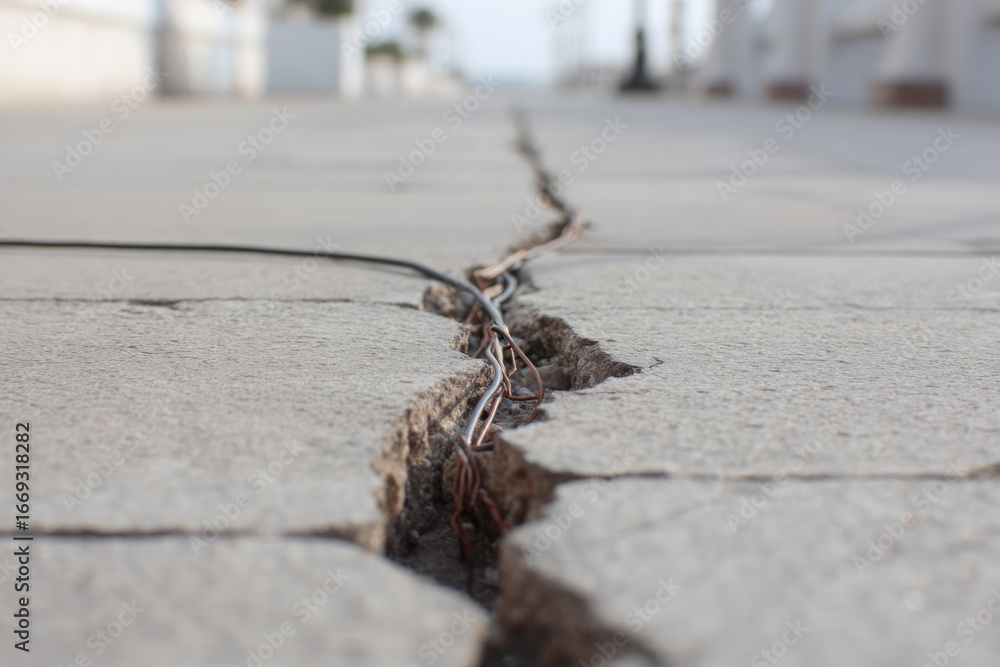 Fototapeta premium Deep crack urban concrete sidewalk reveals exposed cable, worrying sign of structural damage