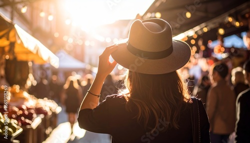 Woman in hat enjoying sunlit market ambience and vibrant urban atmosphere