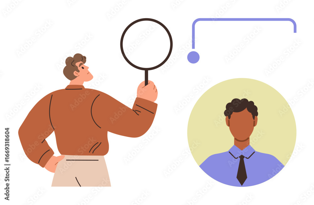 Person inspecting anothers profile through magnifying glass. Ideal for recruitment, job search, HR, talent management, evaluation, hiring process, decision-making. Clean and simple flat metaphor Person inspecting anothers profile through magnifying glass. Ideal for recruitment, job search, HR, talent management, evaluation, hiring process, decision-making. Clean and simple flat metaphor