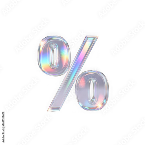 3d icon of a holographic, iridescent percentage symbol isolated on a transparent background, representing discounts or sales