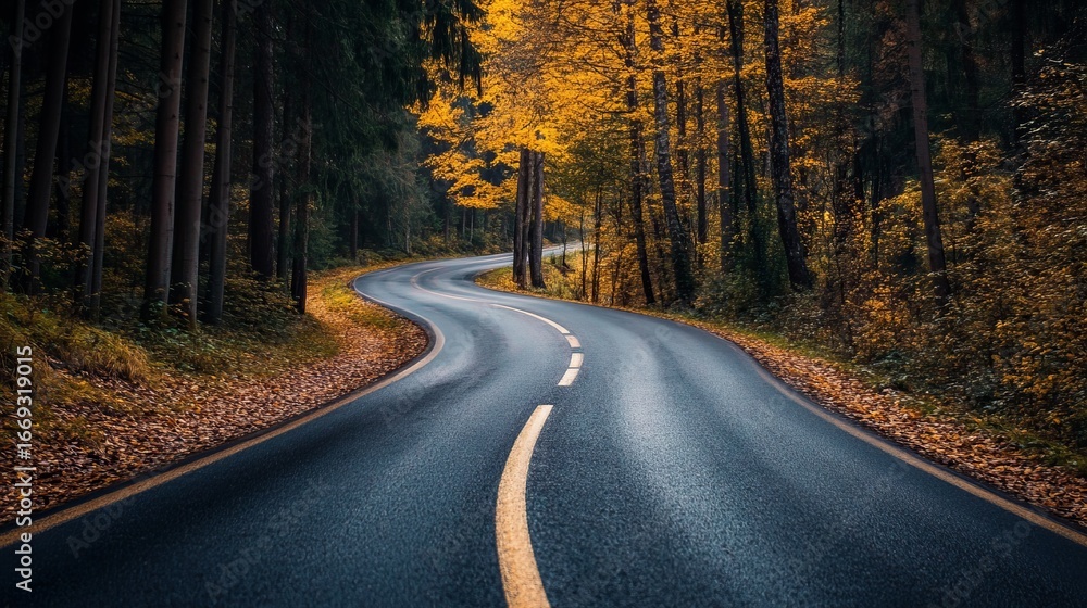 Naklejka premium Winding road through autumn forest