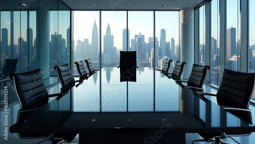 Modern Corporate Boardroom with Conference Table, Executive Chairs, and Panoramic City View for Business Concepts