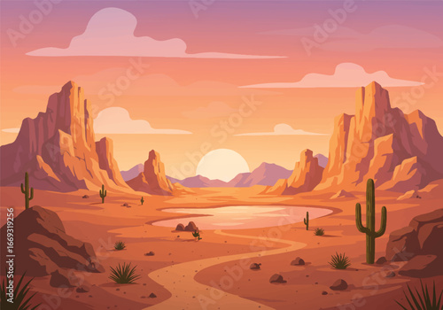 Warm sunset bathes a flat vector desert landscape, with majestic rocky cliffs, sparse cactus-like trees, a winding dry path, and a tranquil oasis lake under abstract clouds.
