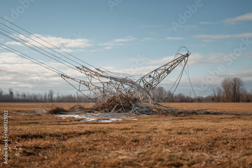 Fallen transmission tower lies broken in an open field, creating somber scene