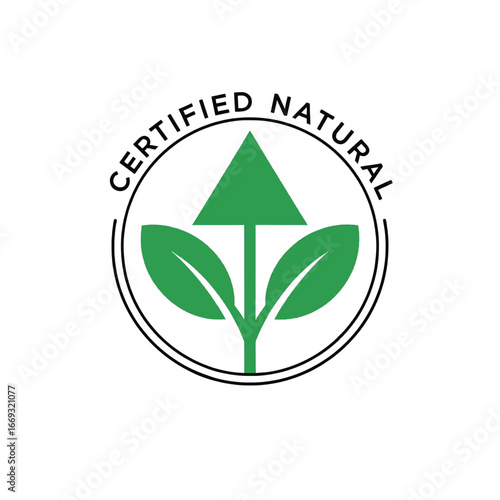 Certified natural logo with green leaves and arrow on transparent background