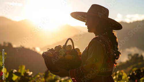 Ecuadorian Woman Harvesting Fruits in Andean Highlands at Sunrise Serene Portrait