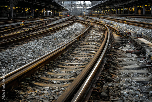 Industrial railroad track junction with many choices, path to travel