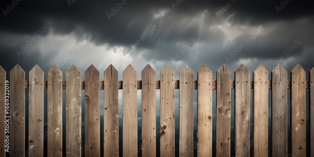 Fototapeta premium Weathered wood fence leaning against a somber gray atmospheric background