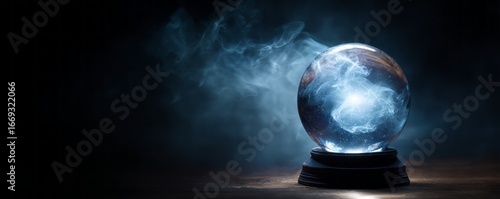A crystal ball rests on a dark wooden surface, shrouded in mystical blue smoke, casting an air of mystery and anticipation.