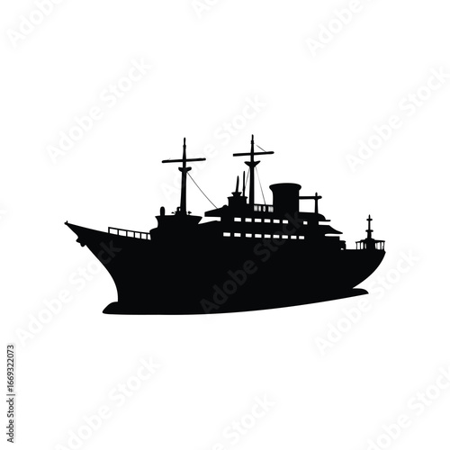 Silhouette of a cruise ship with two masts against a white background, american ship silhouette vector illustration