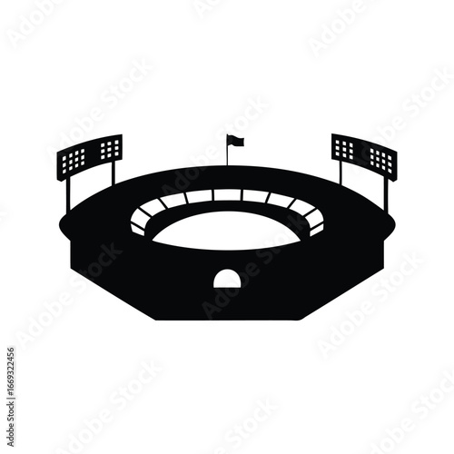 A striking black silhouette of a large stadium with floodlights and flag, baseball stadiumsilhouette vector illustration
