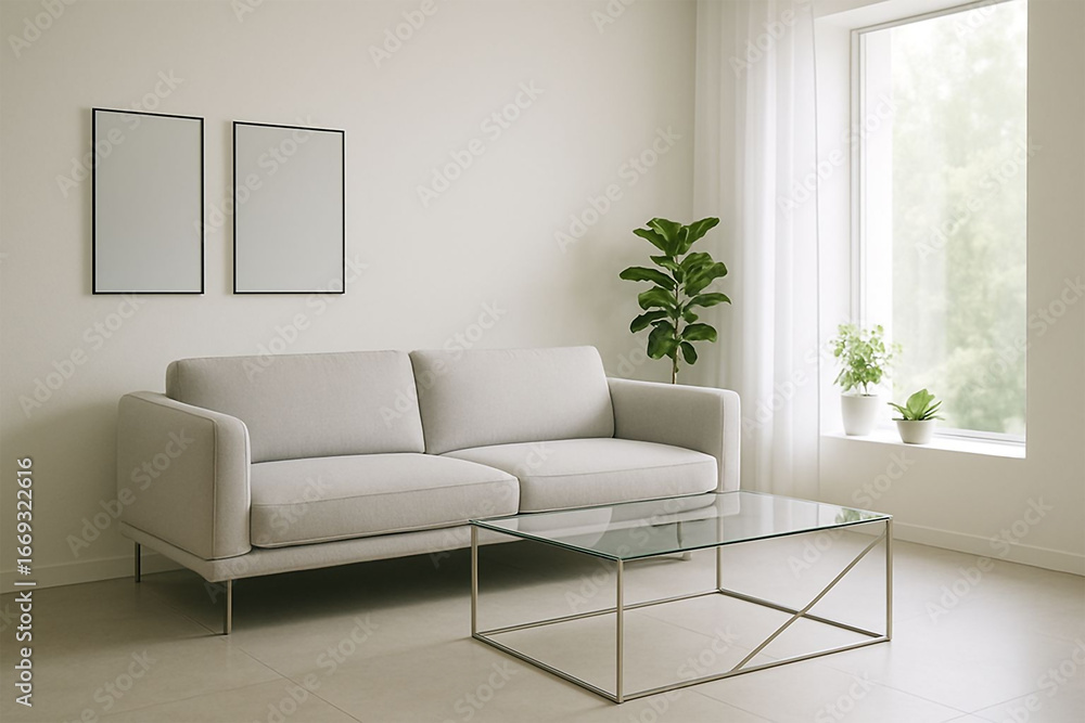 Fototapeta premium Cozy modern living room with plush sofa and natural light
