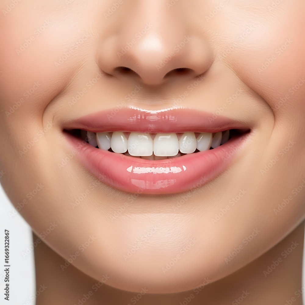 Obraz premium Close-up view of a smiling woman's mouth and teeth.