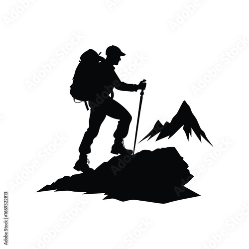 Silhouette of a hiker with backpack and hiking pole conquering a mountain peak, climber on alpine trail silhouette vector illustration