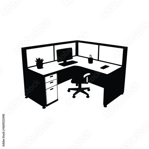 Black and white workspace with desk, computer, chair and file cabinet, cubicle workspace silhouette vector illustration