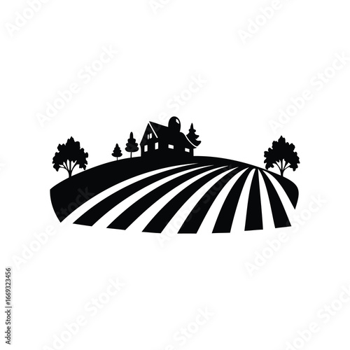 Beautiful Farm Silhouette Logo Design with House, Trees, and Fields, farm field with crops silhouette vector illustration