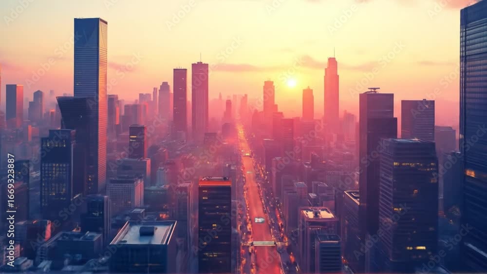 Cityscape View at Sunrise with Skyline Silhouette and Light Traffic