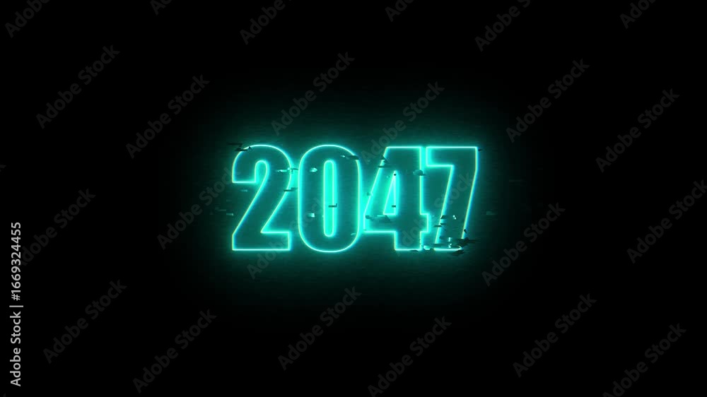 2047 Neon Sign, Vibrant Blue Glow Against Dark Jahreswechsel, Schrift mit Neonschein 4k video Background animation