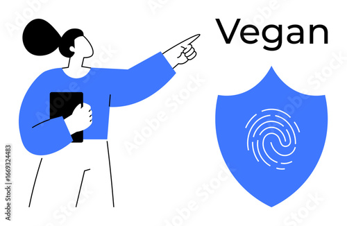 Woman holding a tablet while pointing at a fingerprint inside a shield with Vegan text above. Ideal for ethical lifestyle, veganism, security, health, sustainability, awareness, branding. Simple flat