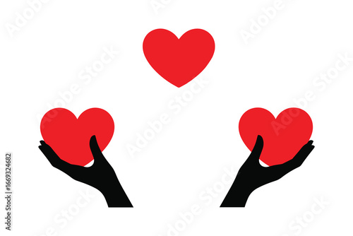 Three red hearts symbolizing love care and connection held by silhouetted hands.