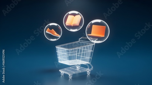 Digital wireframe shopping cart with product selection.