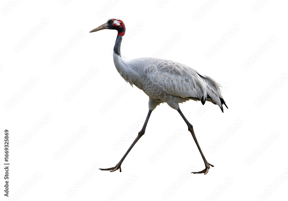 Obraz premium Elegant crane with long legs gracefully walking on a white background, showcasing its unique features and beauty in a simple composition.